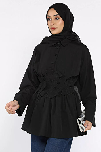 julude Black Shirt Collar Daisy Appliqued Elastic Waist Hijab Tunic