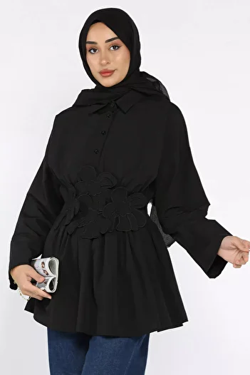julude Black Shirt Collar Daisy Appliqued Elastic Waist Hijab Tunic