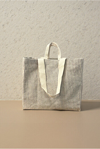 FH finehome Beach Bag Çizgili Çift Çepli Keten Çanta