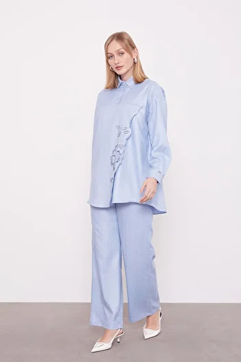 Levidor Baby Blue Embroidered Rose Detailed Tunic Set
