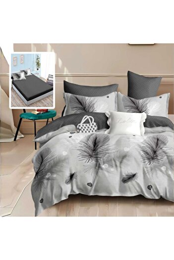 Pucioasa Fine linen bed linen with elastic, 6 pieces, Grey Feathers