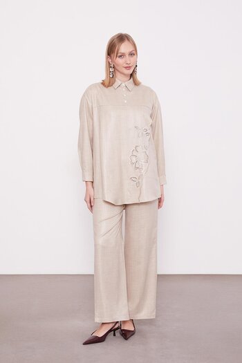 Levidor Stone Embroidered Rose Detailed Tunic Set