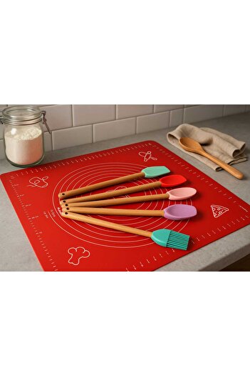 CKM silikon 5" Spatula Set with Wooden Handle, Easy to Use, with a Large Silicone Dough Mat Included
