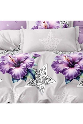 Pucioasa Finet bed linen with elastic, 6 pieces, purple hibiscus flowers