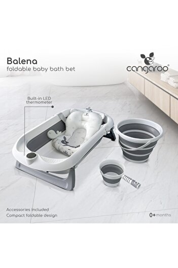 Cangaroo Foldable bathtub set with cushion, rinsing cup, bucket and thermometer Whale, 80x47 cm