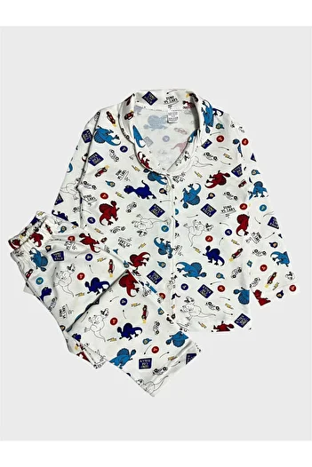 ALİŞ KİDS Boy's Cotton White Dinosaur Car Patterned Shirt Collar Buttoned Pajama Set
