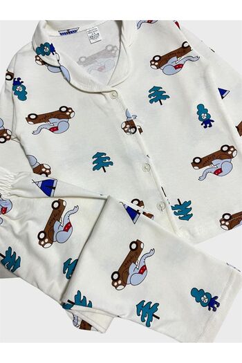 ALİŞ KİDS Set de pijamale pentru băieți, din bumbac alb, cu model de mașină cu elefant, cu guler cămașă și nasturi până la picioare
