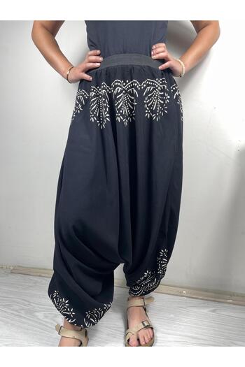 Sobe Hediyelik Black Hand Printed Ethnic Patterned Baggy Trousers – Comfortable Loose Fit, Elastic Waist