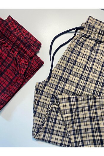DÜVEN Pure Cotton Plaid Patterned Men's Pajama Bottoms with Pockets (Unisex Single Bottom Pajamas)