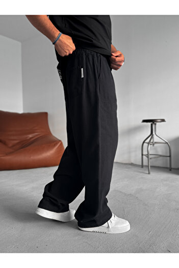 BYBASICMAN Siyah Ön Parça Detaylı Baggy Pantolon JJ-95