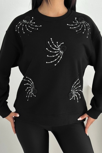 FEMELLE Black Stone and Sequin Embroidered Patterned 100% Cotton Sweatshirt