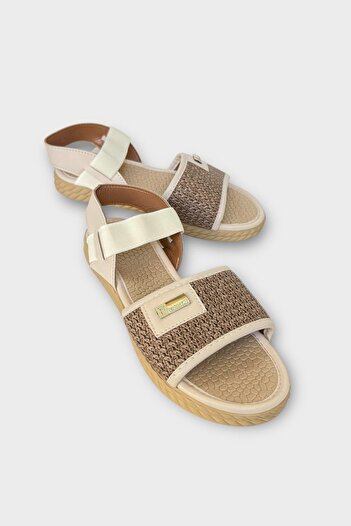 Liger Women's Straw Single Strap Rubber Detailed Sandals Beige