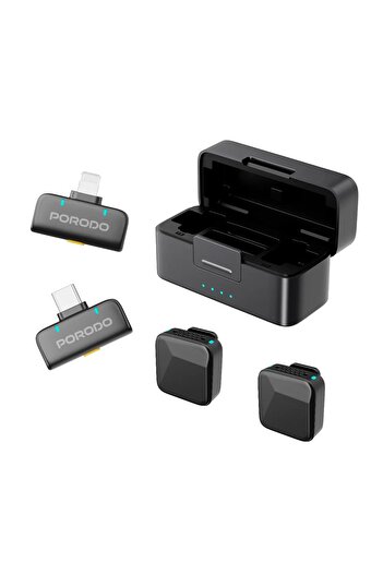 porodo Orion Lavalier Microphone Type-C & Lightning, Wireless, Auto Pairing, 5-Hour Battery, Black
