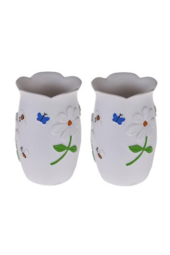 Bosphorus 2 Pieces Pen Holder with Flower Polyresin Model Office Supplies 7X7X10Cm