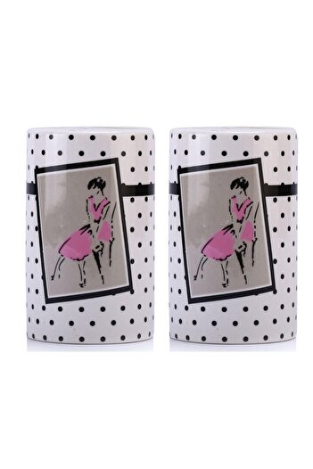 Bosphorus 2 Pieces Pen Holder with Pink Dress Woman Model Ceramic Office Supplies 7X7X11Cm