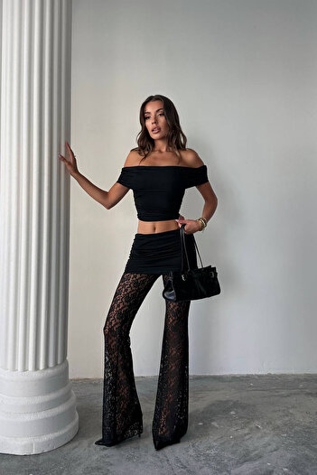 Neşeli Butik Women's Transparent Lace Detailed Pants Crop Set Nbdf160