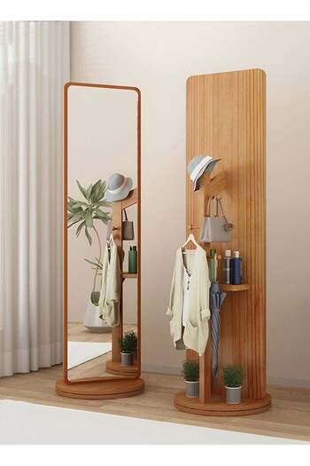 Taimi 360 Degree Rotating Floor Mirror and 2 in 1 Coat Rack for Bedroom and Living Room 166x56cm Beige