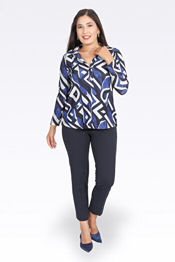 TOLGA SARAÇOĞLU 30083 Navy Blue Narrow Leg Ankle Length Crepe Textured Pants