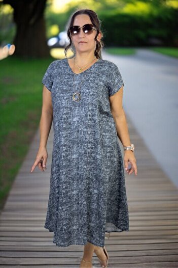 yagmurberen Short Sleeve V-Neck Comfortable Fit Cotton Viscose A-Line Plus Size Dress