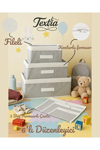 Textia Home Gray Kindergarten - Nursery Spare Clothes & Stationery Organizer Set: Children's Bag 6-Piece Organizer