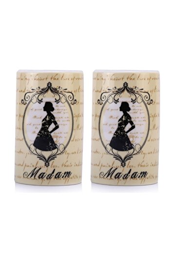 Bosphorus 2 Pieces Pen Holder with Madam Pattern Ceramic Office Supplies 7X7X11Cm