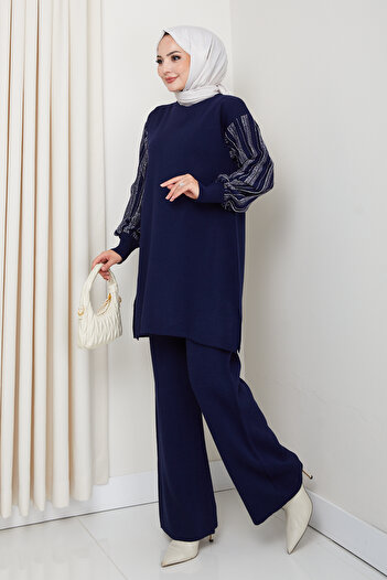 FERHEL Sleeve Glitter Stripe Detailed Steel Knitted Comfortable Fit Women's Tunic and Trouser Knitwear Set