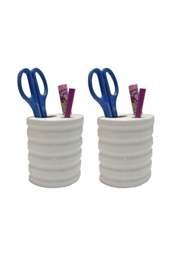 Bosphorus 2 Pieces Pen Holder Oval Striped Model Ceramic Office Supplies 9X6X11Cm