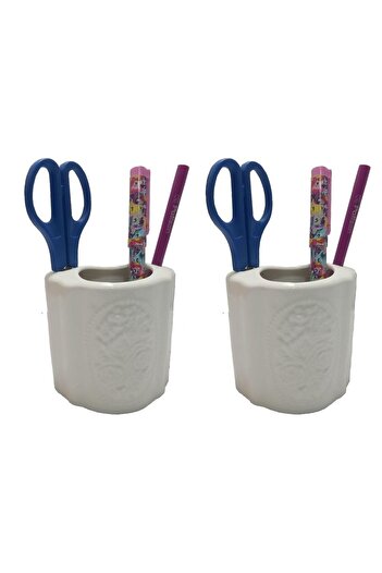 Bosphorus 2 Pieces Pen Holder with Flower Oval Model Ceramic Office Supplies 8X5X10Cm