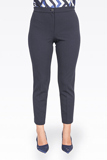 TOLGA SARAÇOĞLU 30083 Navy Blue Narrow Leg Ankle Length Crepe Textured Pants
