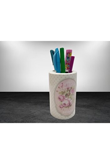 Bosphorus 2 Pieces Pen Holder with Spring Pattern Ceramic Office Supplies 7X7X11Cm