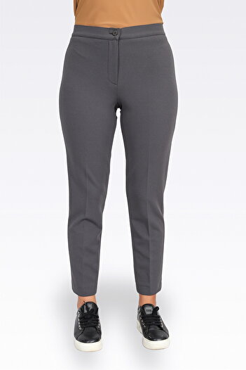 TOLGA SARAÇOĞLU 30083 Gray Narrow Leg Ankle Length Crepe Textured Pants