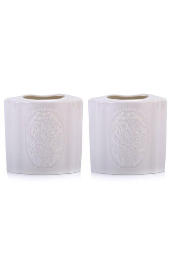 Bosphorus 2 Pieces Pen Holder with Flower Oval Model Ceramic Office Supplies 8X5X10Cm