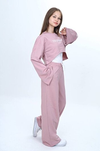Joui Co Girls' 100% Cotton 3 Piece Tracksuit Set – Modern Crop Top, Wide Sleeve, Sports Combination-182
