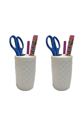 Bosphorus 2 Pieces Pen Holder with Checkerboard Pattern Ceramic Office Supplies 6X6X11Cm
