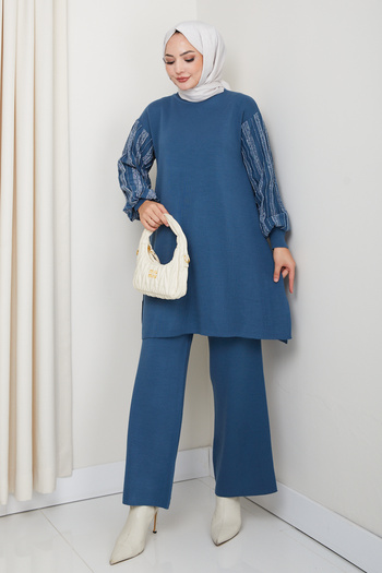 FERHEL Sleeve Glitter Stripe Detailed Steel Knitted Comfortable Fit Women's Tunic and Trouser Knitwear Set