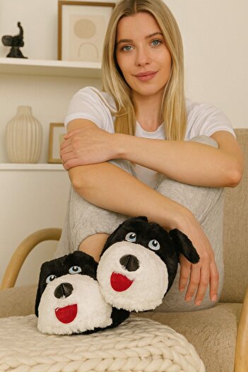 ALTUNTAŞ Plush Slippers with Dog Figure Home Slippers Unisex Dog Slippers