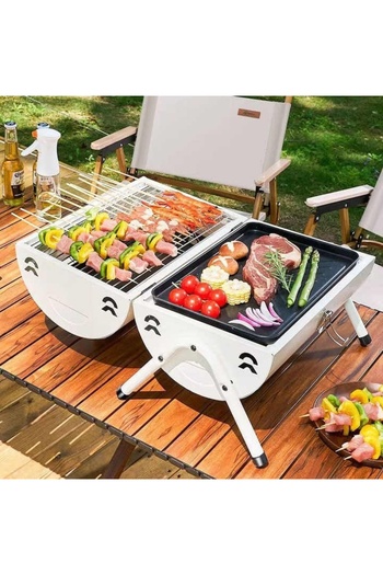 FOXMAG24 Portable Double Grill, Metal, Cool Wooden Handle, 38x25x38cm, Circular, Easy Clean, White