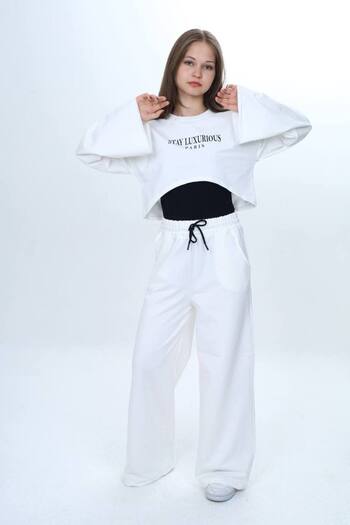 Joui Co Girls' 100% Cotton 3 Piece Tracksuit Set – Modern Crop Top, Wide Sleeve, Sports Combination-182