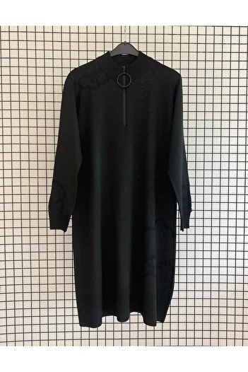 Armine Knitted Patterned Zippered Stand Collar Knitwear Tunic