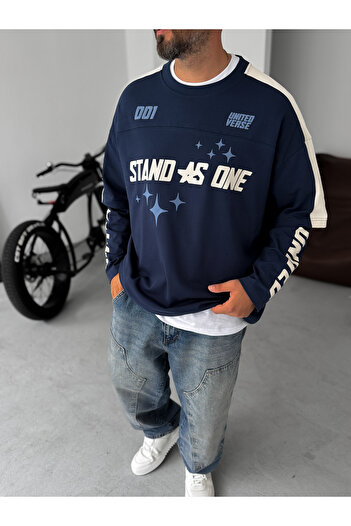 BYBASICMAN Navy Blue Stand Printed Patchwork Sweatshirt Jj-111