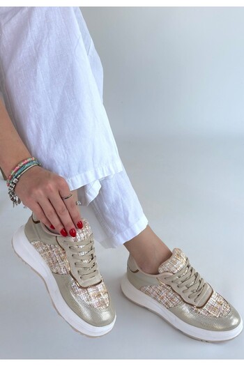 Zerenyus Hawer Premium Beige Lace-Up Fabric Detailed Sports Shoes