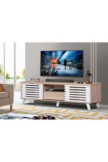 BAITY TV Stand with Mesh Doors Malaysian Wood 160cm Storage Drawers Wooden & White Color