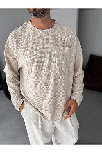 BYBASICMAN Beige Textured Knitted Pocket Sweatshirt Tw-1561