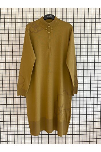 Armine Knitted Patterned Zippered Stand Collar Knitwear Tunic