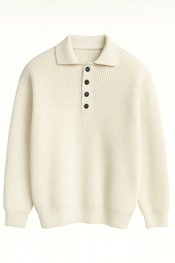 Valiberta Oversize Thessaloniki Knitted 4 Button Half Placket Comfortable Fit Men's Knitwear Sweater - Ecru