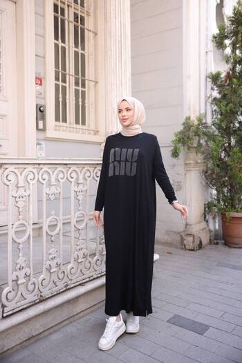 JESSE STORY Women's Vorteks Combed Cotton Hijab Dress with Stone Accessories (Lycra Cotton Fabric)