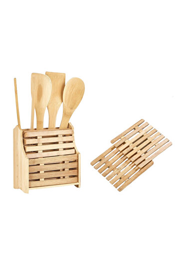 HOMİNG Bambu Kaşıklık ve Nihale Maşa Spatula Mutfak Seti