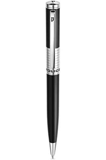 Police Meiryo Black Stainless Steel Textured Pen with Silver Trims, Blue Ink - 138 mm