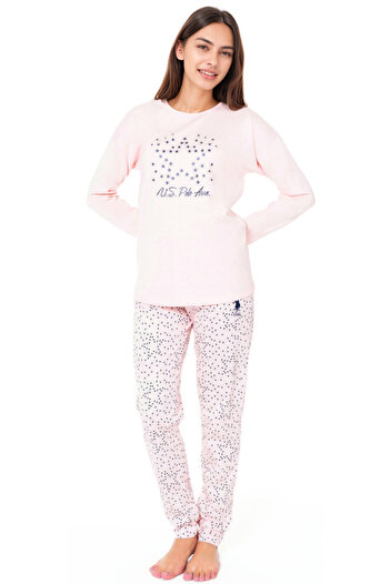 U.S. Polo Assn. Women's Cotton Salmon Color Star Patterned Pajama Set