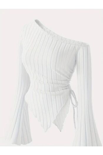 Wild Flower Women's White Asymmetrical One-Shoulder Knitwear Blouse – Spanish Sleeve, Drawstring Detail